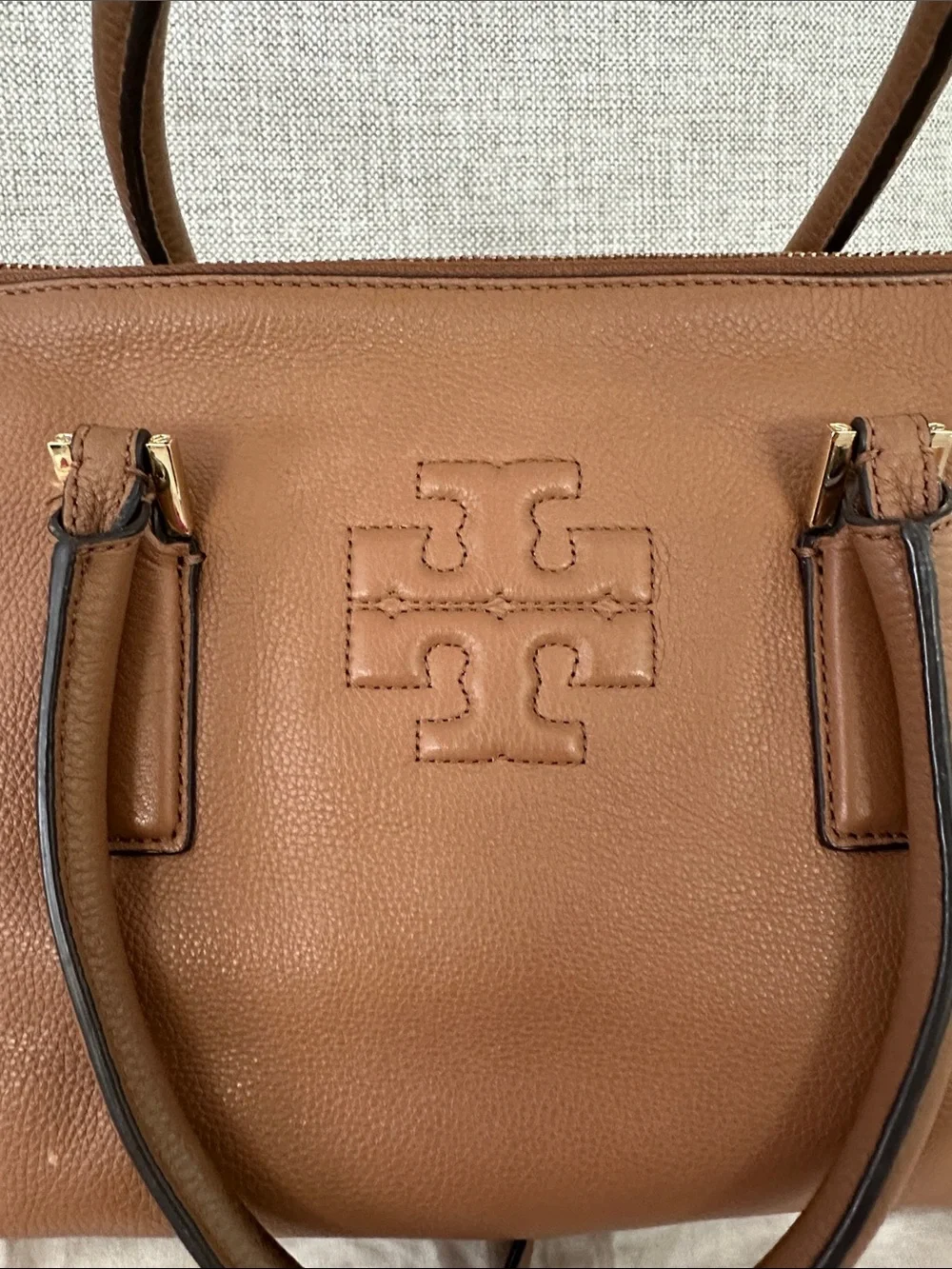 Tory Burch Chestnut Leather Satchel with Embossed Logo - Picture 3 of 5